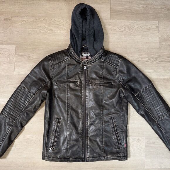 Levi Men's Brown Hooded Trucker Biker Jacket Lined 4 Pockets Stylish Sleek S - Picture 3 of 7